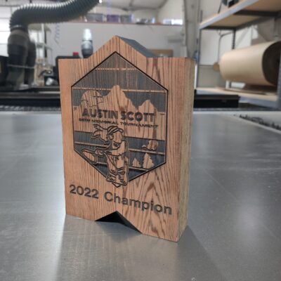 Rough sawn cedar award with laser burning