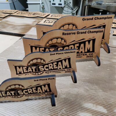 Laser cut and burned custom award group- maple